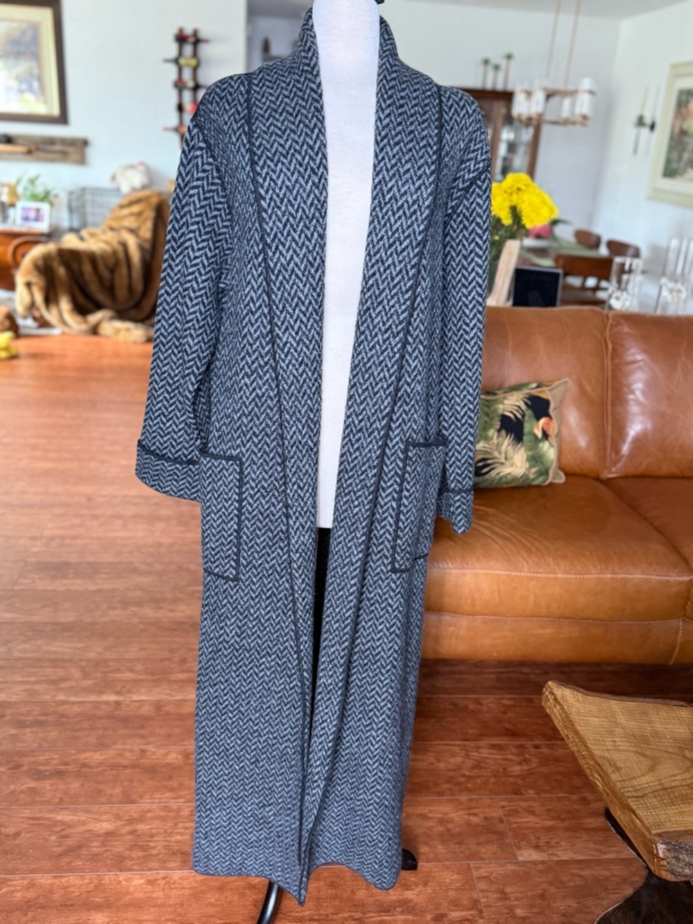 Jones New York Country Gray & Charcoal Herringbone Wool Cardigan Coat